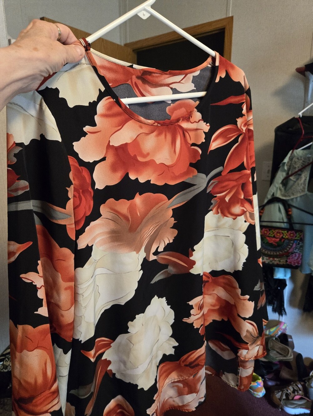 Floral Long-Sleeve Women’s Top - Black with Coral & Cream Floral Print